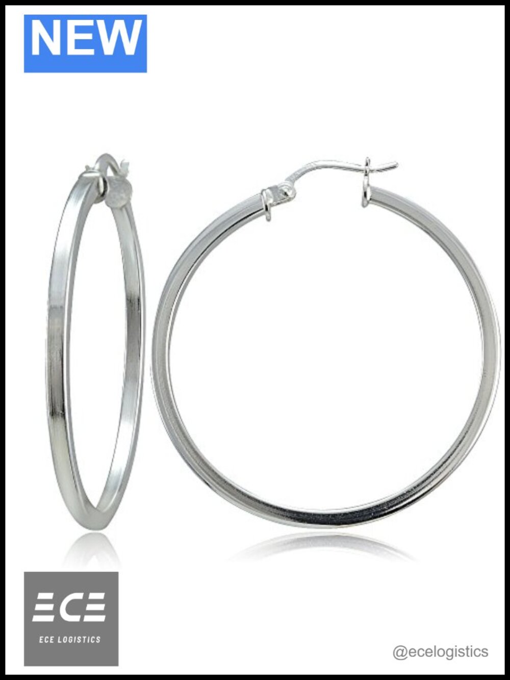 Sterling Silver 2mm High Polished Click Top Hoop Earrings 40mm